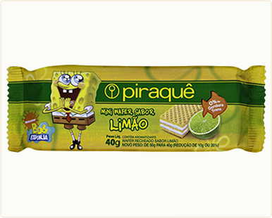 mini wafer bob esponja limao.jpg - Açúcar, farinha de trigo rica com ferro e ácido fólico, gordura vegetal interesterificada, maltodextrina, amido de milho, leite em pó e sal. Estabilizante: lecitina de soja, fermento químico: bicarbonato de sódio, corante natural carmin de cochonilla, acidulante: ácido cítrico e aroma natural de morango. CONTÉM GLÚTEN.Porção por 100 g (10 unidades)..